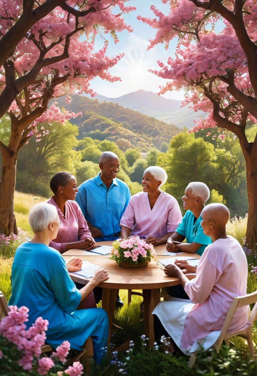 A hopeful scene depicting a diverse group of cancer survivors sharing experiences, surrounded by a beautiful landscape symbolizing growth and resilience. Include visual elements like blossoming flowers, supportive hands, and inspiring quotes integrated into the background. Soft sunlight filtering through trees, casting a warm and encouraging glow. super-realistic. vibrant colors. inspirational atmosphere.