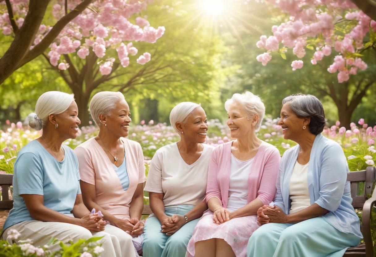 A serene and uplifting scene depicting a diverse group of cancer survivors sharing stories and support in a sunny park, surrounded by blooming flowers and trees. Include elements of hope, such as butterflies symbolizing transformation, and soft rays of sunlight breaking through clouds to symbolize healing. Emphasize warmth and community with joyful expressions. pastel colors. soft focus.