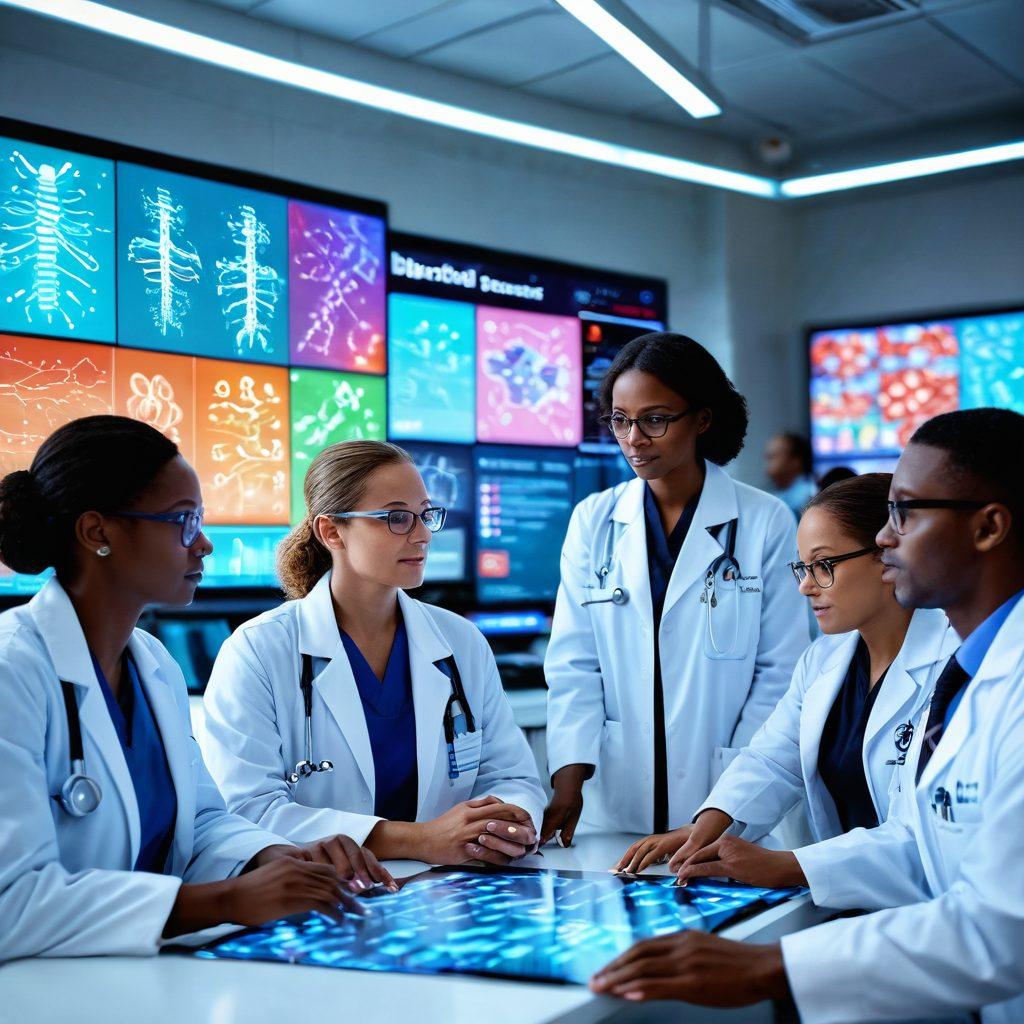 A futuristic hospital scene depicting a diverse team of doctors and researchers collaborating with empowered cancer patients. The patients are engaging in discussions, using advanced digital tools like holographic displays to visualize research data. Surrounding them are colorful visuals of DNA strands and molecular structures that represent ongoing research. Incorporate elements of advocacy such as banners highlighting support for cancer treatments. Super-realistic. Vibrant colors. 3D.